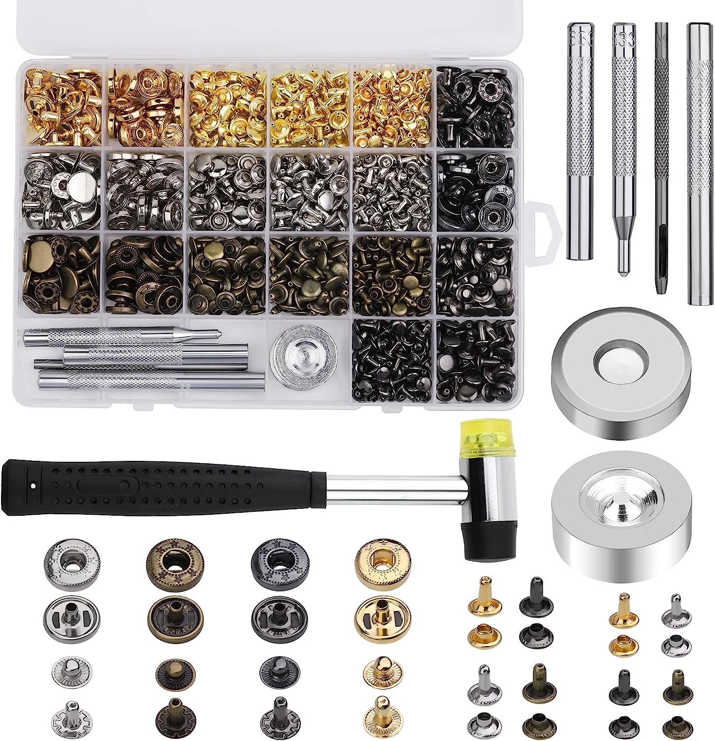 Yizzvb 320 Pcs Leather Rivets Kit， 60 Pcs Leather Snap Fasteners， 2 Size Leather Rivets Double Cap Rivet Kit， Double-Sided Nylon Hammer， 5 Pcs Installation Tools for Leather DIY Projects - Image 1